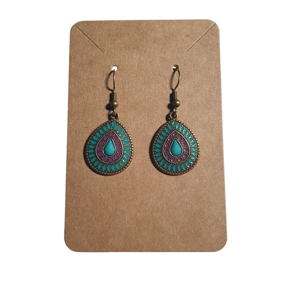 Teardrop Dangle Earrings Teal Purple Gold Tone Boho Lightweight Hook Beach Gift